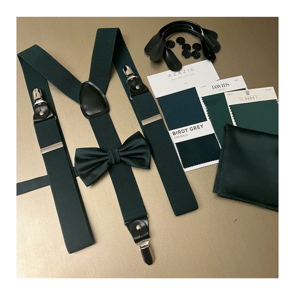 Dark Green Forest Emerald Teen / Men's Convertible Suspender Pretied Bow Tie and Pocket Square Set