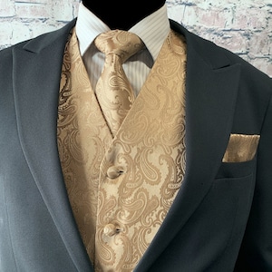 Tan Champagne Gold Paisley Men&#39;s Vest Longtie and Pocket Square 3pcs Set for all formal or casual occasion Prom Wedding Party