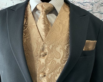 Tan Champagne Gold Paisley Men's Vest Longtie and Pocket Square 3pcs Set for all formal or casual occasion Prom Wedding Party