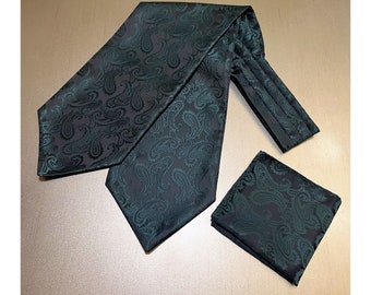 Forest Dark Green Paisley Free Style Casual Ascot Cravat and Pocket Square Set hanky handkerchief