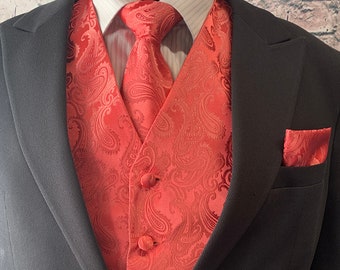 Coral Paisley Men's Vest Longtie and Pocket Square 3pcs Set for all formal or casual occasion Prom Wedding Party