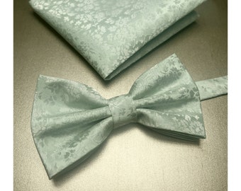 Conjunto de pajarita y pañuelo de bolsillo para hombre, satén floral, menta, verde salvia, boda formal, graduación