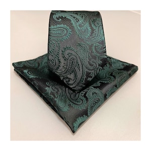 Dark FOREST GREEN 2.75&quot; Width Paisley Two Tone Self tie Neck tie and Pocket Square Set - Slim Wedding Groomsman Bridal Formal Prom Juniper