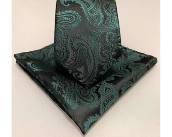 Dark FOREST GREEN 2.75" Width Paisley Two Tone Self tie Neck tie and Pocket Square Set - Slim Wedding Groomsman Bridal Formal Prom Juniper