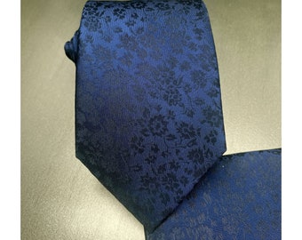 Floral NAVY Blue Classic Self tie Neck tie and Pocket Square Set Wedding Formal Groomsman Prom