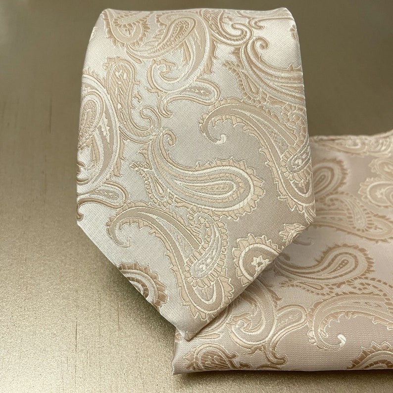 Beige Paisley Self tie Neck tie and Pocket Square Handkerchief Hankie Set Classic 3.5 Width Wedding Champagne image 3