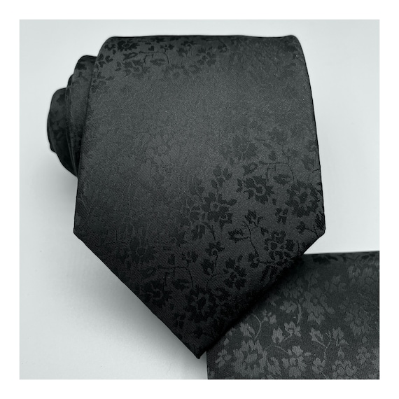 Floral BLACK Self tie Classic Neck tie and Pocket Square Set Wedding Formal Groomsman Prom Gift 2025