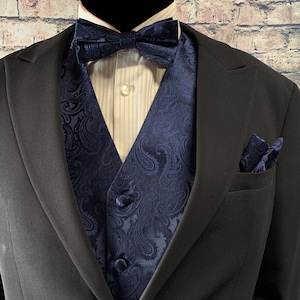 Navy Blue Paisley Men&#39;s Vest Pre-tied bow tie and Pocket Square 3pcs Set