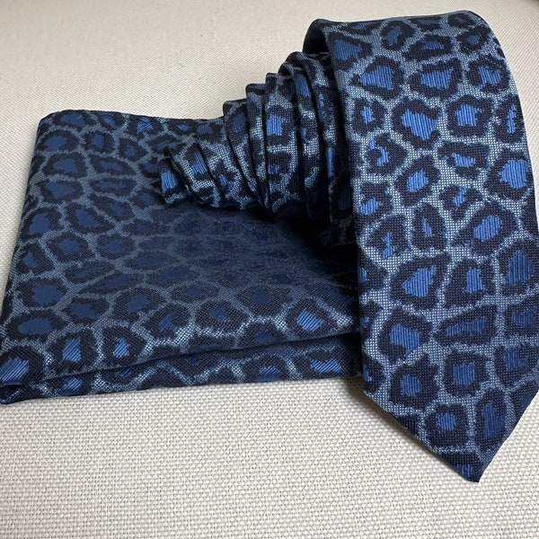 Leopard Blue Self tie Neck tie and Pocket Square Handkerchief Hankie Set Party Christmas Holiday Prom