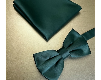 Emerald Hunter GREEN solid plain Men's Pretied Bow Tie and Pocket Square Set