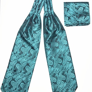 MERMAID TEAL GREEN Paisley Free Style Casual Ascot Cravat and Pocket Square Set
