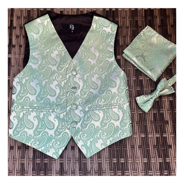KIDS Mint Sage Green Paisley Vest Pretied Bow Tie and Pocket Square 3pcs Set for all formal Wedding Party Ringbearer Boy Girl 2023