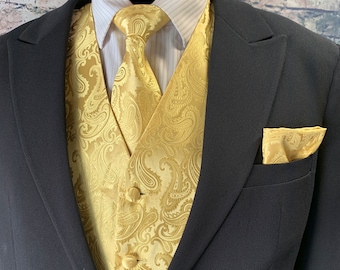 Gold Paisley Men's Vest Longtie and Pocket Square 3pcs Set for all formal or casual occasion Prom Wedding Party