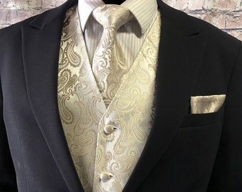 Beige Paisley Men's Vest Longtie and Pocket Square 3pcs Set