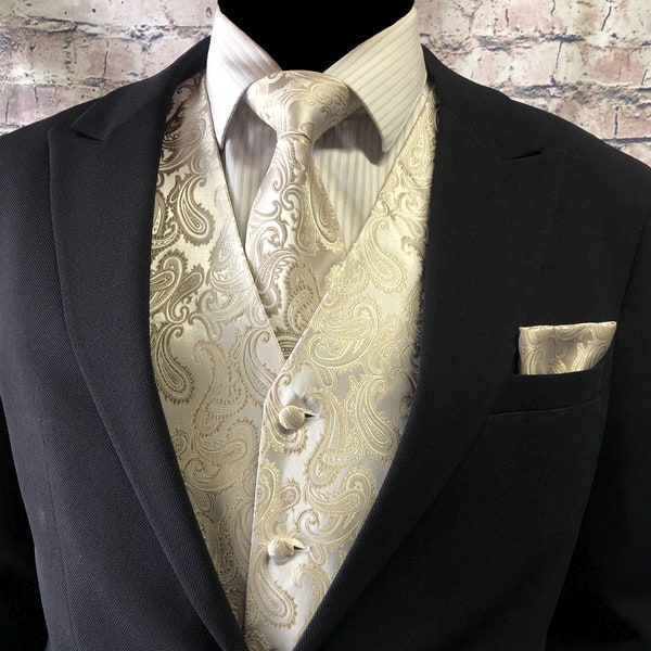 Beige Paisley Men's Vest Longtie and Pocket Square 3pcs Set