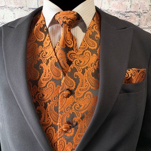 Rust Orange / black Two Tones Paisley Men&#39;s Vest Longtie and Pocket Square 3pcs Set for all formal or casual occasion Prom Wedding Party