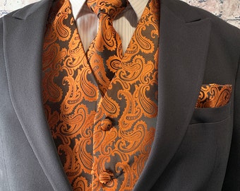 Rust Orange / black Two Tones Paisley Men's Vest Longtie and Pocket Square 3pcs Set for all formal or casual occasion Prom Wedding Party