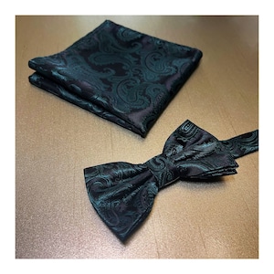 KIDS Butterfly Style Dark Forest Green Paisley Pretied Bow Tie and Pocket Square Set Juniper 2022
