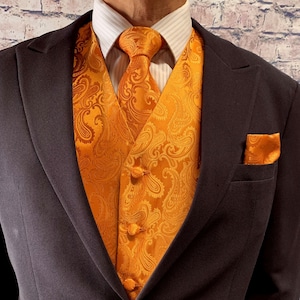 Orange Paisley Men's Vest Longtie and Pocket Square 3pcs Set for all formal or casual occasion Prom Wedding Party