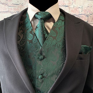 Dark forest green Two Tones Paisley Men's Vest Longtie and Pocket Square 3pcs Set for all formal or casual occasion Prom Wedding Party