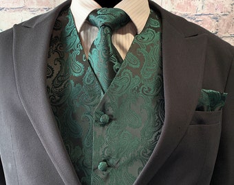 Dark forest green Two Tones Paisley Men's Vest Longtie and Pocket Square 3pcs Set for all formal or casual occasion Prom Wedding Party