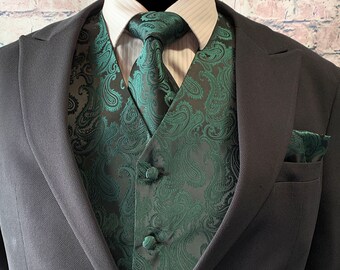 thumbnail image 2 of Men's Red Paisley Tuxedo Vest Set – Includes Bowtie, Neck Tie & Hanky (XS To 6XL) 2 of 3