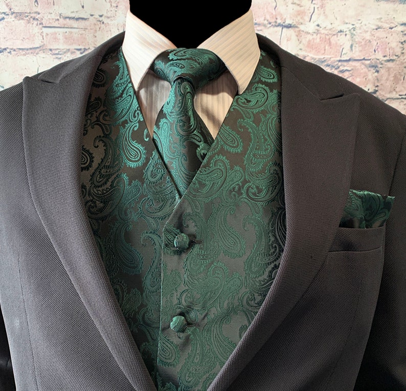 Dark forest green Two Tones Paisley Men's Vest Longtie and Pocket Square 3pcs Set for all formal or casual occasion Prom Wedding Party
