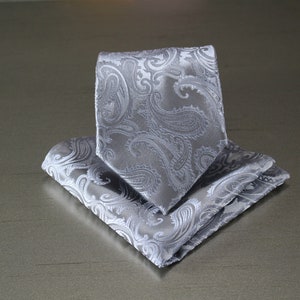 Paisley Silver Grey Self tie Neck tie and Pocket Square Handkerchief Hankie Set Party Christmas Holiday Prom