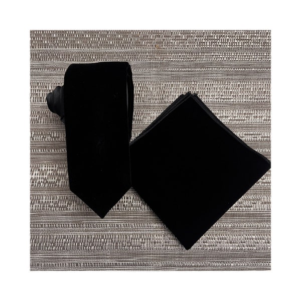 2.2" Wide Slim Velvet with Microfiber Contrast Knot BLACK Solid Slim Self tie Neck tie and Pocket Square