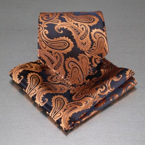 Rust Orange / Black Paisley Self tie Neck tie and Pocket Square Handkerchief Hankie Set Party Christmas Holiday Prom Fall Thanksgiving Gift
