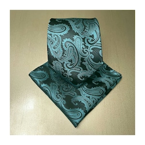 MERMAID TEAL GREEN / Black Paisley Two Tone Self tie Neck tie and Pocket Square Handkerchief Hankie Set