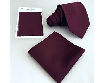 3" Wide Dark BURGUNDY WINE CABERNET solid Self tie Neck tie and Pocket Square Handkerchief Set Formal Wedding Prom Classic New Men's Bridal