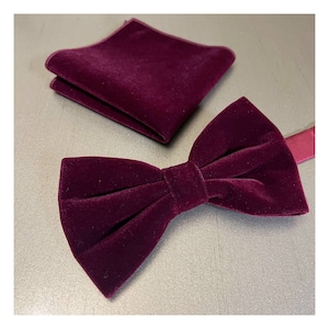 Velvet BURGUNDY Wine Pretied bow tie and Pocket Square Set