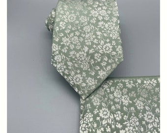 Floral DUSTY SAGE Green Self tie Classic Neck tie and Pocket Square Set Wedding Formal Groomsman Prom