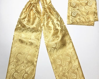 GOLD Paisley Free Style Casual Ascot Cravat and Pocket Square Set