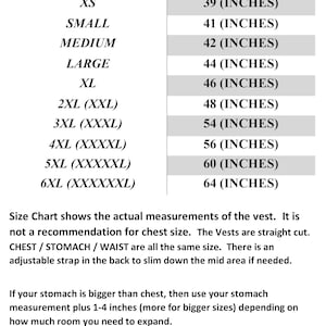 May include: Size chart for a vest, showing chest measurements in inches for sizes XS to 6XL. The chart notes that the vest is straight cut and that the chest, stomach, and waist measurements are all the same size. It also mentions an adjustable strap in the back to slim down the mid area if needed.