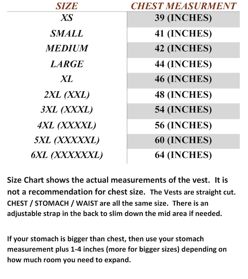 May include: Size chart for a vest, showing chest measurements in inches for sizes XS to 6XL. The chart notes that the vest is straight cut and that the chest, stomach, and waist measurements are all the same size. It also mentions an adjustable strap in the back to slim down the mid area if needed.