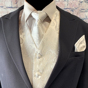 OFF WHITE Ivory Paisley Men&#39;s Vest Longtie and Pocket Square 3pcs Set for all formal or casual occasion Prom Wedding Party