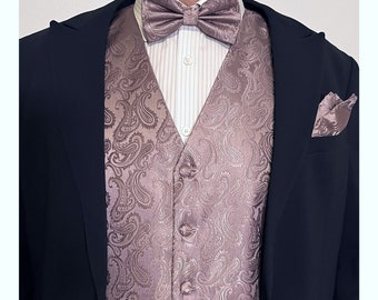 Dusty Mauve Quartz Paisley Men's Vest Bowtie and Pocket Square 3pcs Set for all formal or casual occasion Prom Wedding Party