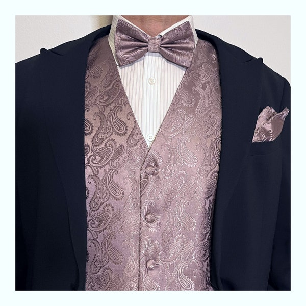 Dusty Mauve Quartz Paisley Men's Vest Bowtie and Pocket Square 3pcs Set for all formal or casual occasion Prom Wedding Party