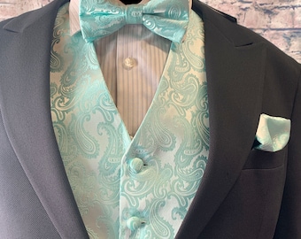 Aqua green Paisley Men's Vest Pre-tied bow tie and Pocket Square 3pcs Set for all formal or casual occasion Prom Wedding Party