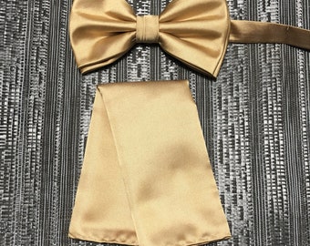 Men's Solid Plain Tan Gold Pretied bow tie and Pocket Square Handkerchief Hankie Set