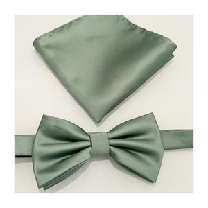New Dusty Satin Sage Green Solid Men&#39;s Pretied butterfly bow tie and Pocket Square Set Wedding 2025 Gift