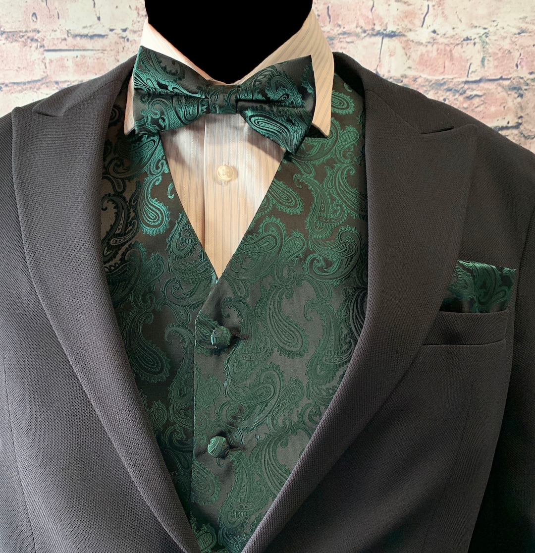Men's Mermaid Teal Green Paisley Tuxedo Vest Set – Includes Vest, Tie, & Hanky – Sizes XS To 6XL