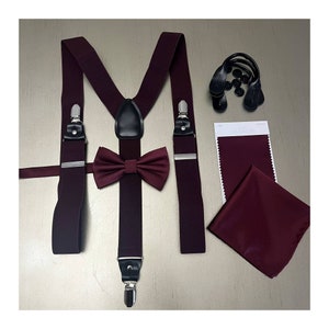 Wine Dark Burgundy Men&#39;s / Teen Convertible Suspender Pretied Bow Tie and Pocket Square Set