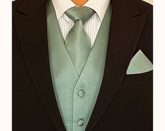SAGE Green Solid Plain Men's Vest Self Tie Necktie and Pocket Square 3pcs Set for all formal or casual occasion Prom Wedding