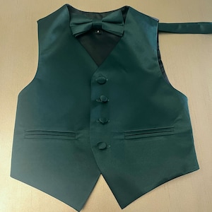 KIDS Dark forest green Solid Plain Vest Pretied Bow Tie and Pocket Square 3pcs Set for all formal Wedding Party Ringbearer Boy Girl