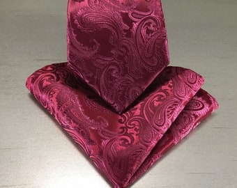Burgundy Paisley Self tie Neck tie and Pocket Square Set Wedding Party Christmas Holiday Prom