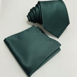 Satin FOREST Dark Green solid plain Self tie Neck tie and Pocket Square Handkerchief Hankie Set