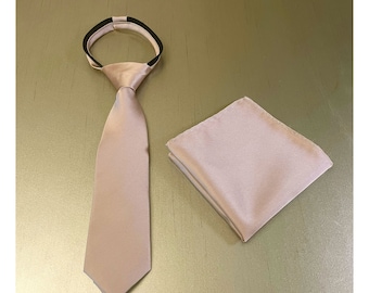 Matte Satin Rose Gold Kid's 11" or 14" inch Zipper Tie and Pocket square handkerchief hankie - Sand 2022